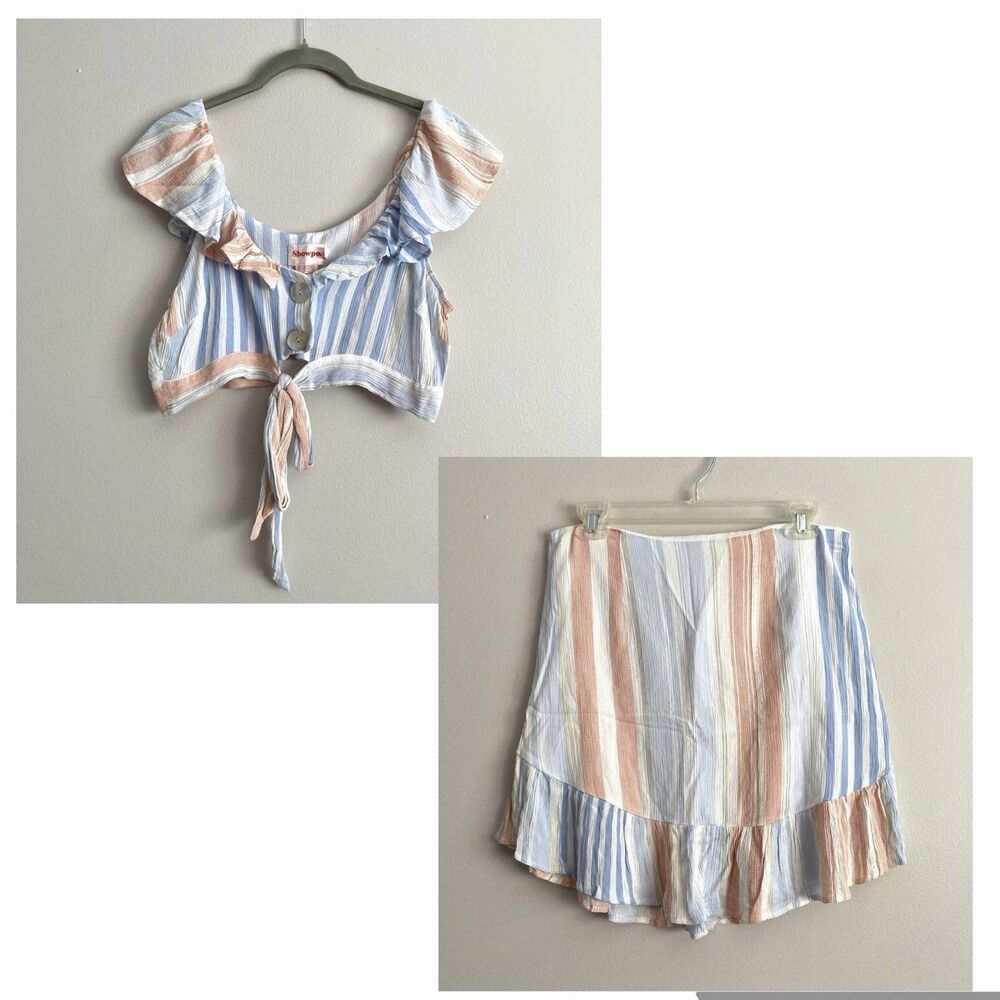 Showpo Womens Crop Top Skirt Set Size 8 Striped Pastel Travel Vacation